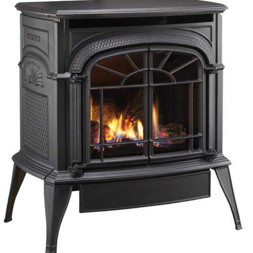 A black cast iron pellet stove with decorative moldings and a visible fire behind a glass door, isolated on a white background.