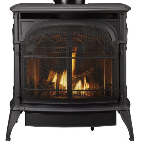 A black cast iron wood-burning stove with a visible fire through its glass front, set against a plain background.