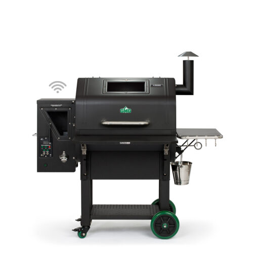 A modern black Ledge Prime Plus WIFI Pellet Grill with wifi capabilities, a smokestack, digital controls, and an attached side shelf. The grill features green accents and is set against a plain white