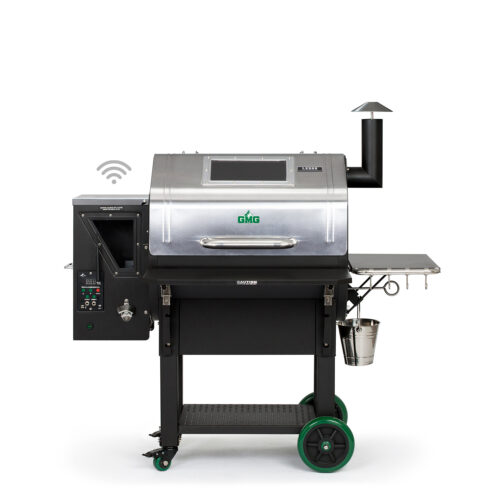 A modern Ledge Prime Plus WIFI pellet grill smoker on wheels with a digital control panel, side tray, and chimney, isolated on a white background.