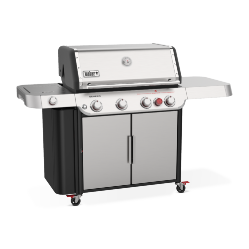 A weber genesis gas grill in stainless steel with three main control knobs and side tables, depicted on a neutral background.