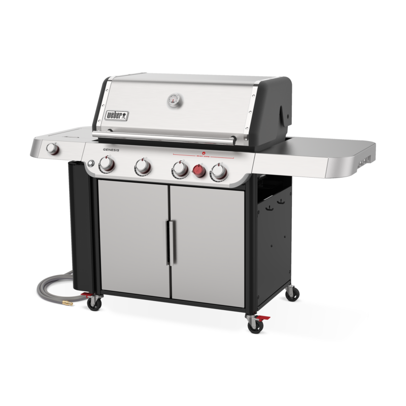 A large, Weber Genesis S-435 stainless steel outdoor natural gas grill with four burners, a closed lid, side burner, and lower storage cabinet, isolated on a transparent background.