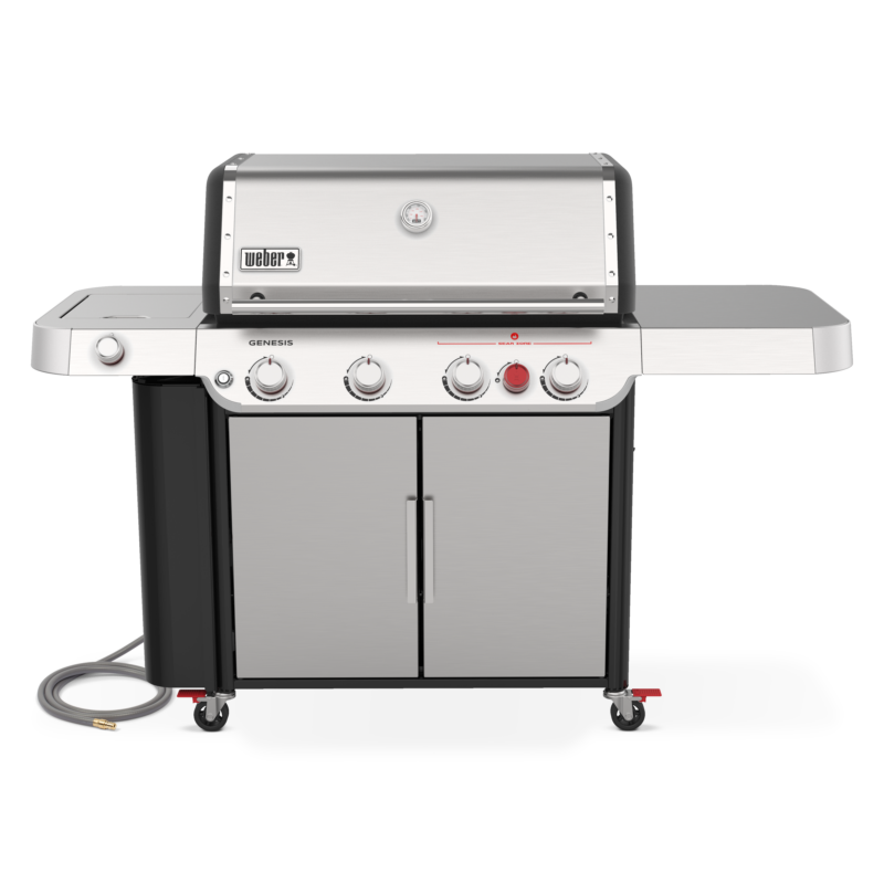 A Weber Genesis S-435 gas grill with stainless steel and black finishes, featuring four control knobs, a side burner, and closed storage below.