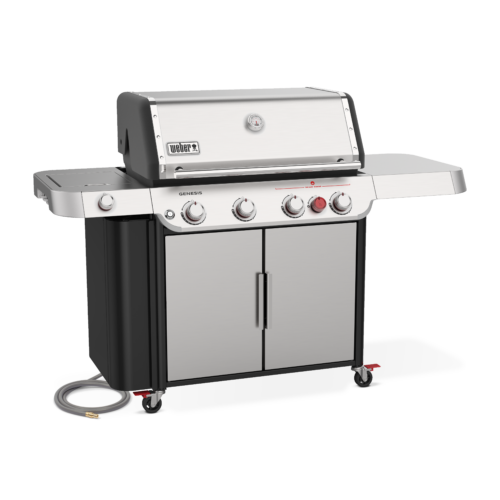 A silver and black Weber Genesis S-435 gas grill with four control knobs, a closed lid, and a side burner, isolated on a transparent background.