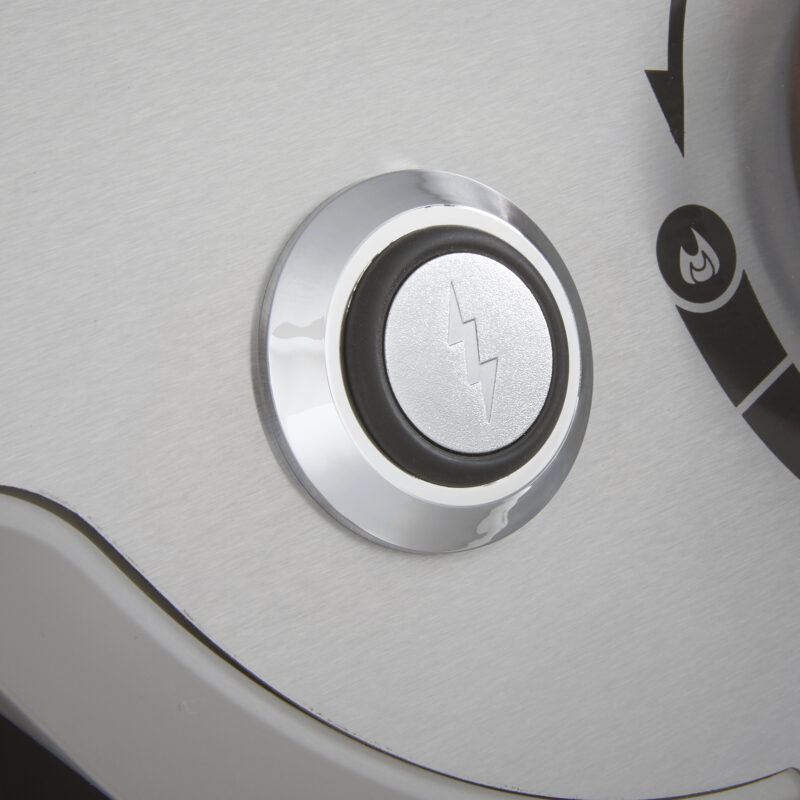 Close-up of a power button with a lightning bolt symbol, set in a shiny metallic surface of the Weber Genesis S-435 grill.