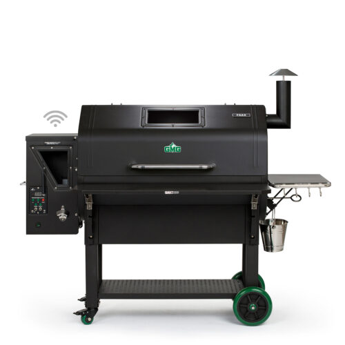 A large, modern black pellet grill with a digital control panel on the left, a side shelf, and a chimney, set against a white background. the grill has green accents and wheels for mobility.