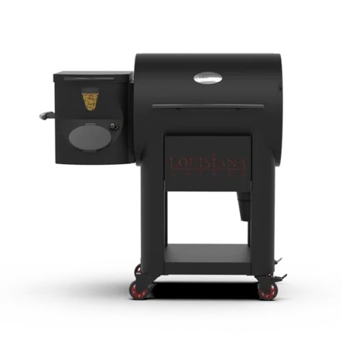 A louisiana grills brand pellet grill with a black finish, featuring a side hopper and set on wheels.