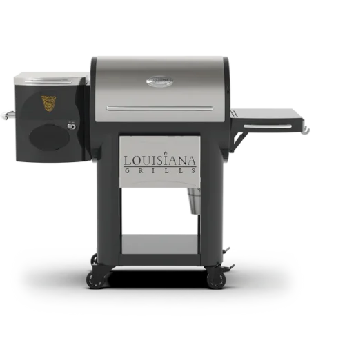 A Louisiana Pellet Grill branded pellet grill with a hopper on the left side, featuring a stainless steel top, control panel on the front, and mounted on four caster wheels.
