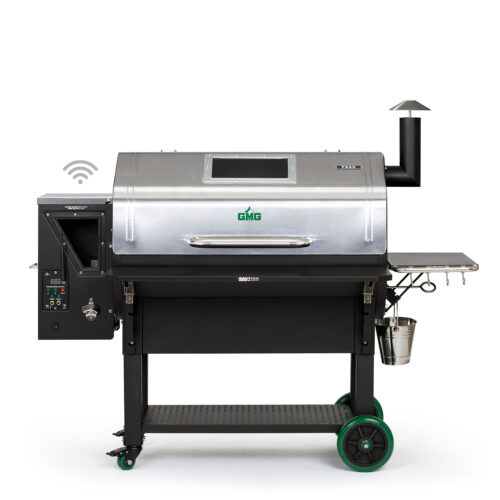 A modern Peak Prime Plus WIFI Pellet Grill with a stainless steel finish and digital controls, featuring a chimney, side shelf, and wheels, isolated on a white background.
