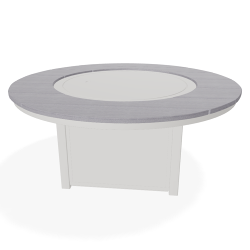 A modern round fire table with a gray tabletop and a white base, featuring a central circular recess, displayed against a plain background.