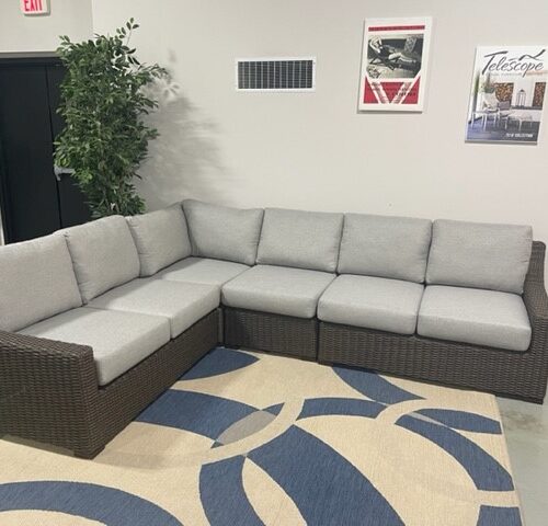 A light gray sectional sofa sits on a blue circular-patterned rug against a white wall in a waiting area, with doors and framed pictures on the walls of the Mesa office.