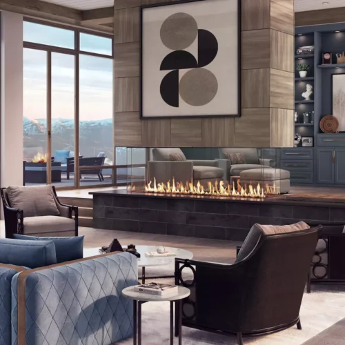 Luxurious living room interior with an Enlight Island Gas Fireplace by Stellar by Heat & Glo, dark wood features, gray and blue plush seating, decorated shelves, large windows with mountain views, and an abstract