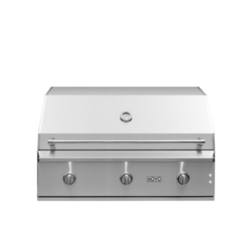 A stainless steel outdoor gas grill with three control knobs and a closed lid, set against a plain white background.