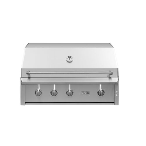 A stainless steel twin outdoor gas grill with four control knobs and a closed hood, isolated on a white background.