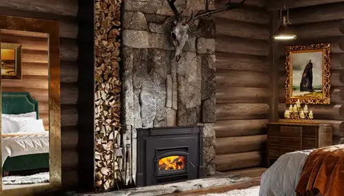 Cozy rustic cabin interior featuring a stone fireplace with a mounted deer head, wood-paneled walls, and a glimpse into a bedroom through a mirrored door.