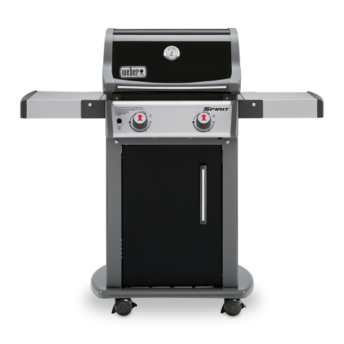 A weber spirit gas grill with a black lid, two control knobs, and a cabinet base with a stainless steel door, set on a gray background.